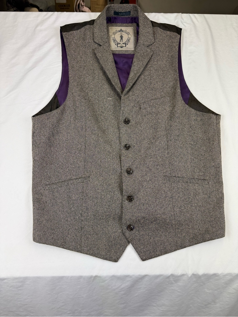 House Of Cavani Men's Gray Herringbone Vest with Purple Lining by